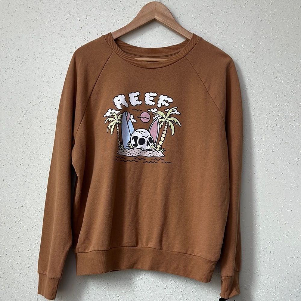New Reef Brown Crewneck Sweatershirt with Graphic Design Skull Island Size L